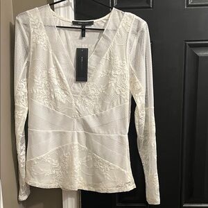 BCBGMaxAzria White Lace V-Neck Blouse